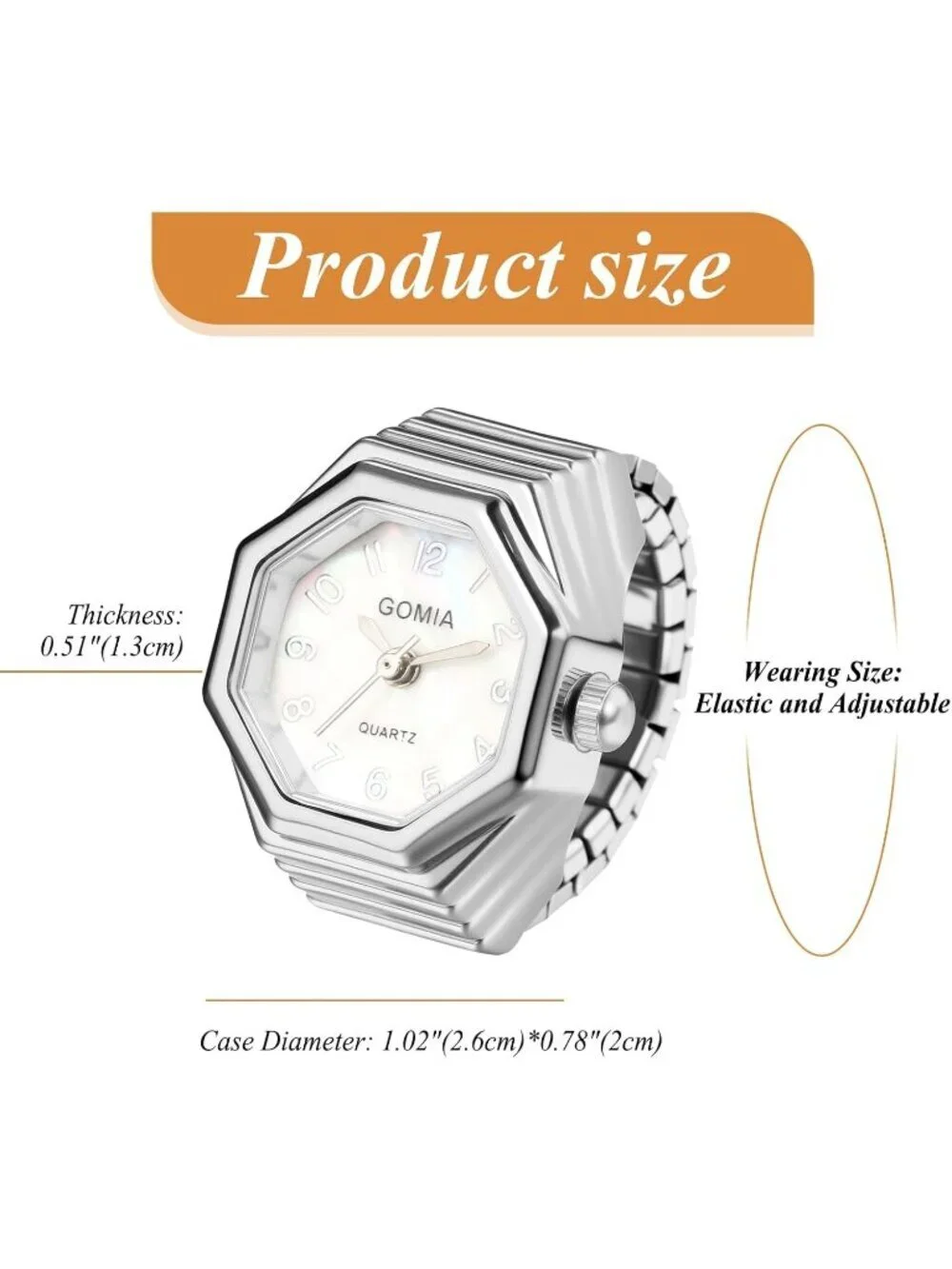 Unisex Silver Analog Quartz Stretchy Elastic Band Octagon Dial Finger Ring Watch